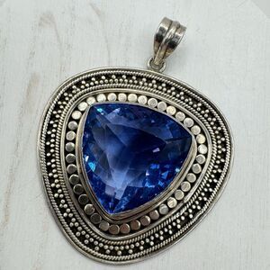 Sterling Silver Large Triangular Pendant Faceted Spinel Bezel Set Bold Statement